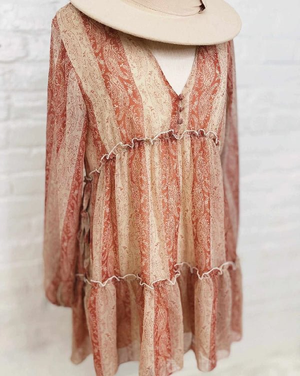 Plus Size Comfortable Loose Long Sleeve Printed Chiffon Mini Dress - Chicaggo