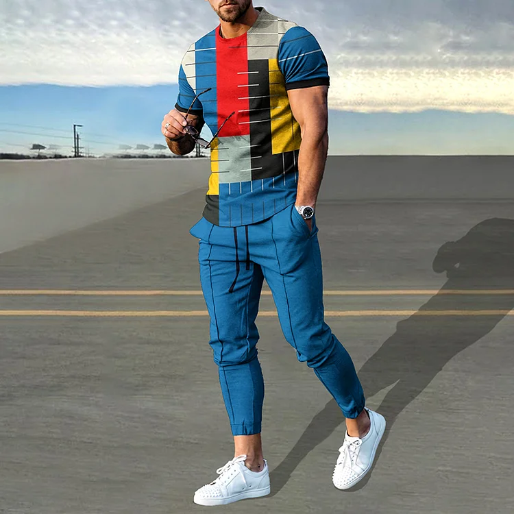 BrosWear Passionate Geometry Blue Print T-Shirt And Pants Co-Ord