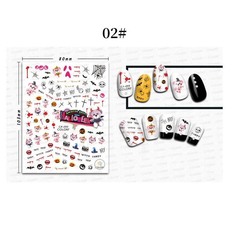 1 Sheet 3D Halloween Nail Sticker Christmas Skull Bone Snake Butterfly Maple Leaf Pattern Decals Manicures 3D Nail Decorations