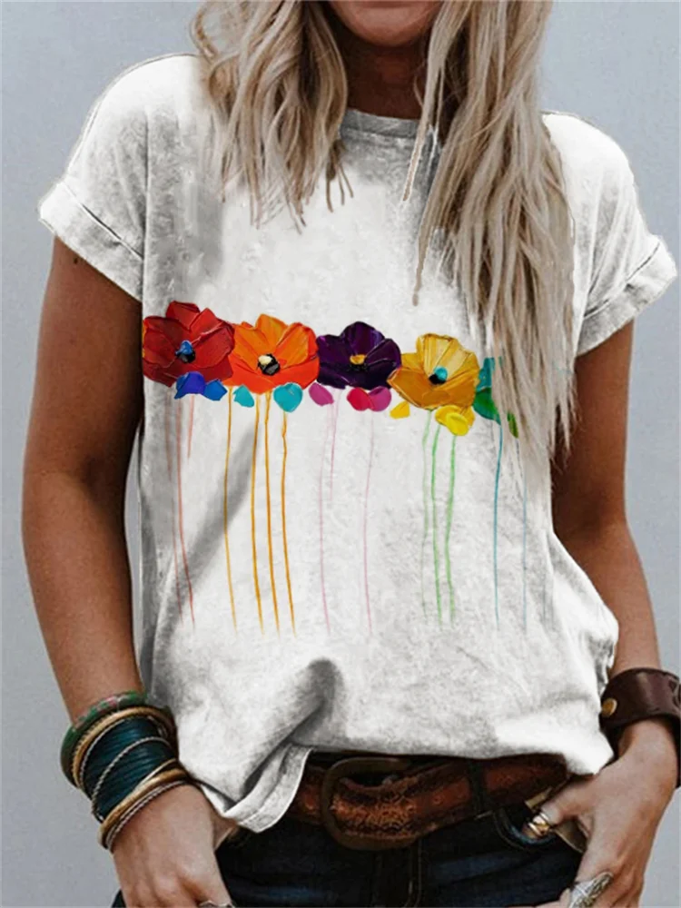 Rainbow Flowers Art Crew Neck T Shirt