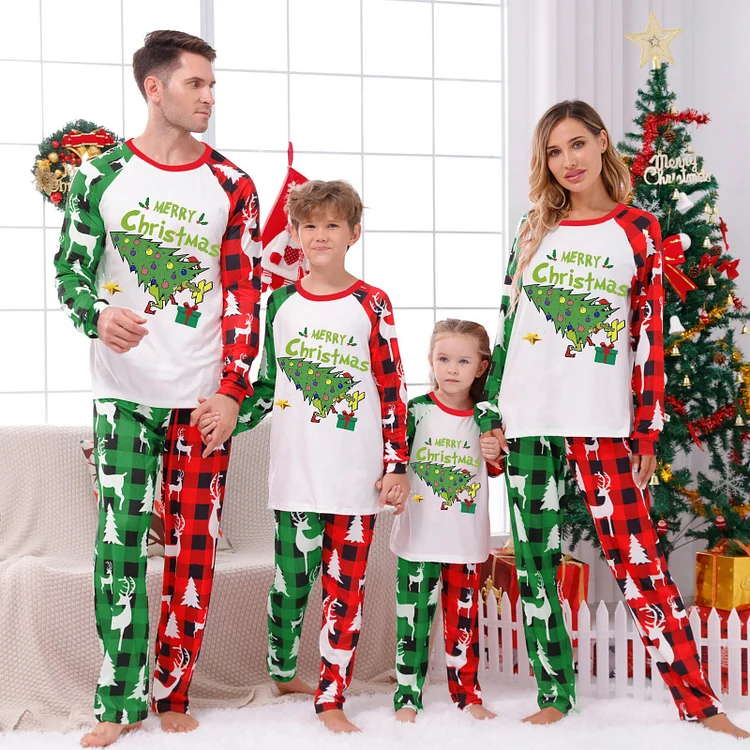 Christmas Grinch Print Red Green Family Matching Raglan-sleeve Pajamas Sets