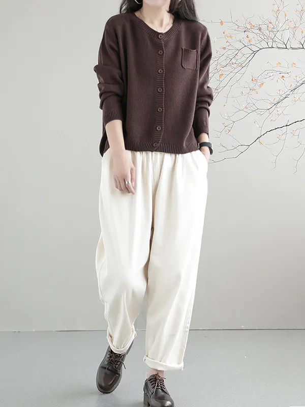 Solid Color Round Neck Long Sleeve Button Front Cardigan