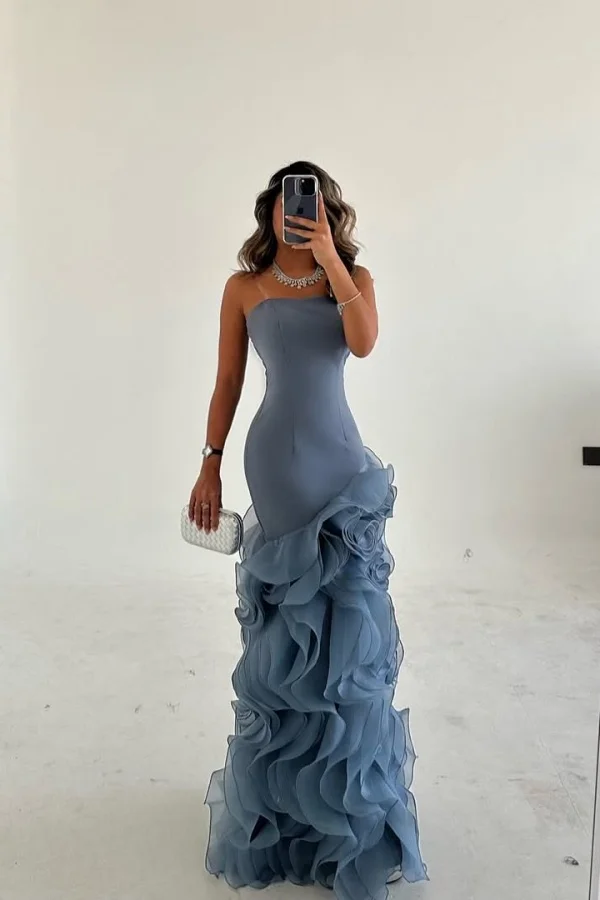 Dusty Blue Strapless Mesh Ruffles Sheath Prom Dress ZT0610