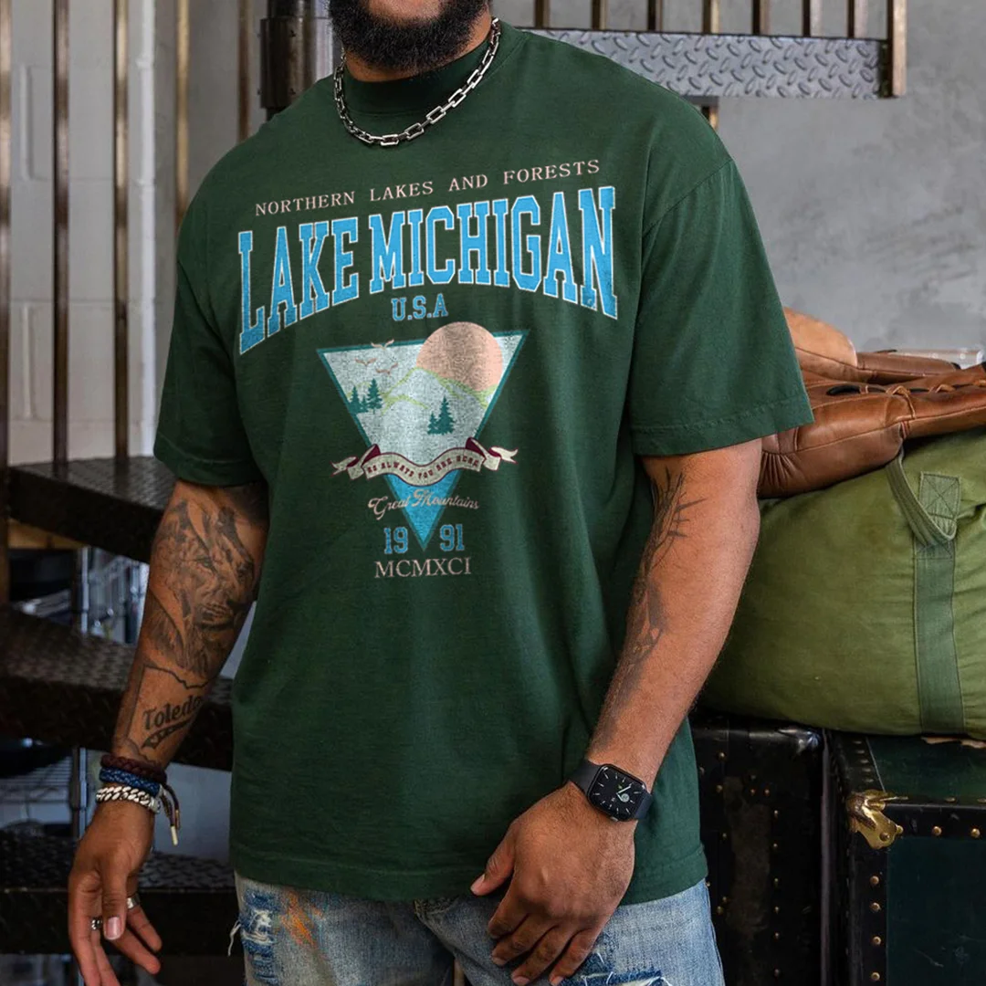Men Retro Oversized  Lake Michigan T-shirt