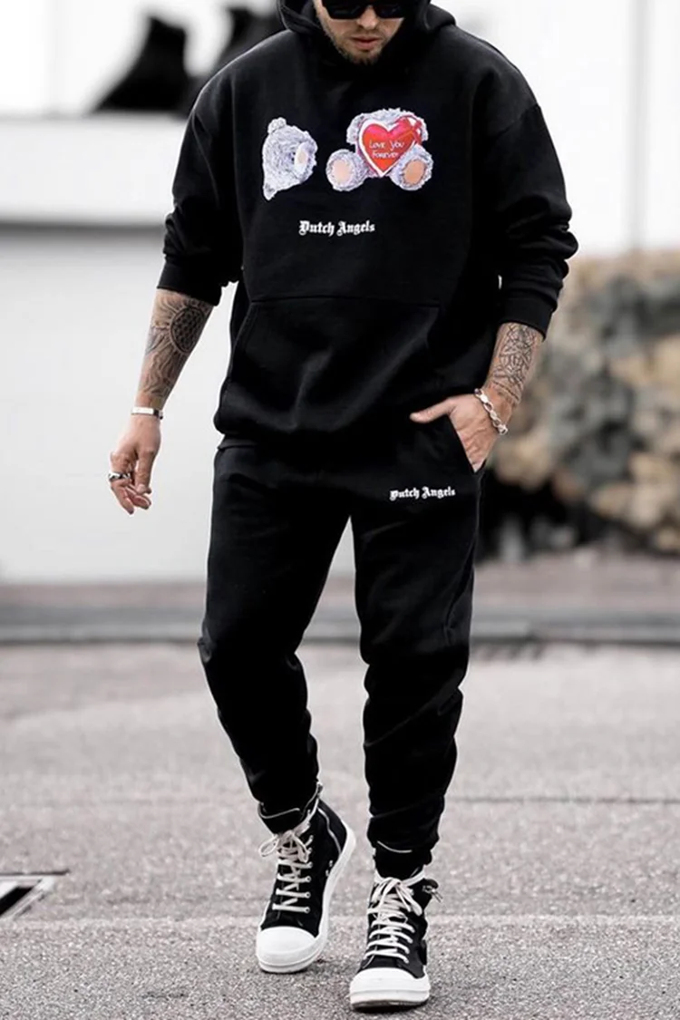 Hooded Cute Bear Print Casual Tracksuit Two Piece Set