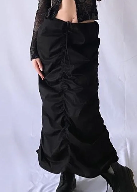 Black Wrinkled High Waist Patchwork Cotton Skirt Drawstring Fall