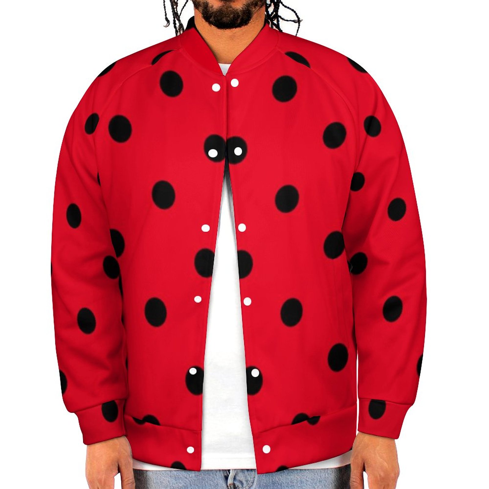 Spring and Fall Red With Black Polka Dots Sweatshirt Jacket Mens Casual Lightweight Button Up Bomber Jacket Outwear