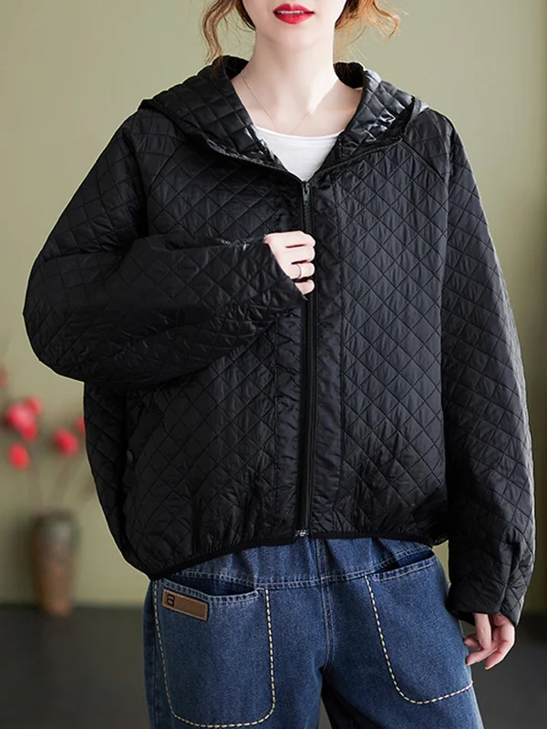 Simple Long Sleeves Loose Keep Warm Solid Color Zipper Hooded Padded Coat/Down Coat