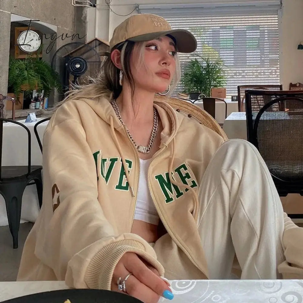 Ingvn - Y2K Vintage Oversized Women Hoodies Harajuku Aesthetic Zip Up Hooded Sweatshirt Top Long