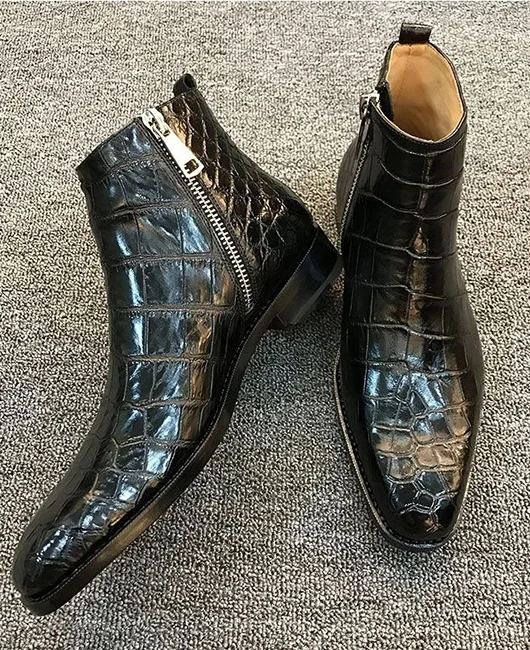 Retro Square Toe Zipper Stone Pattern PU Leather Boots 