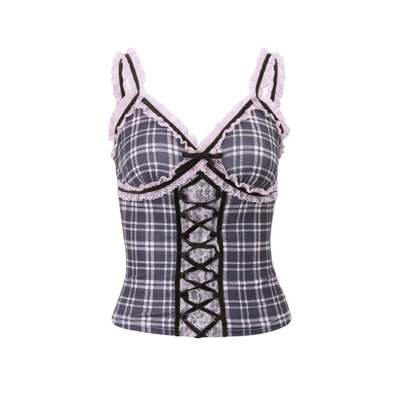 Brownm Brownm Women's Wear 2023 Autumn New Sweet Spicy Wind Pure Lace Stitching Grid Tie Inner Vest Woman
