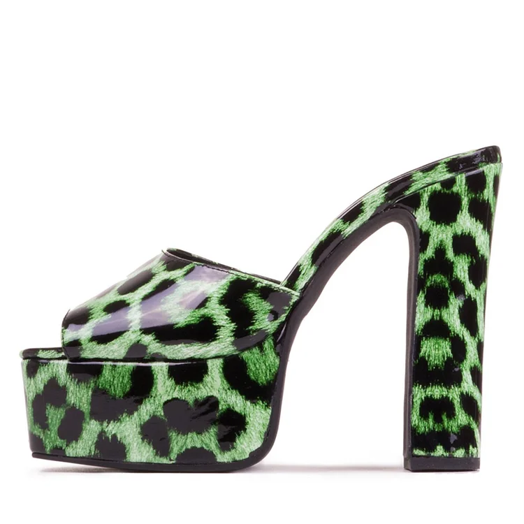 Green Leopard Print Heels Mule Chunky Heel Sandals |FSJ Shoes