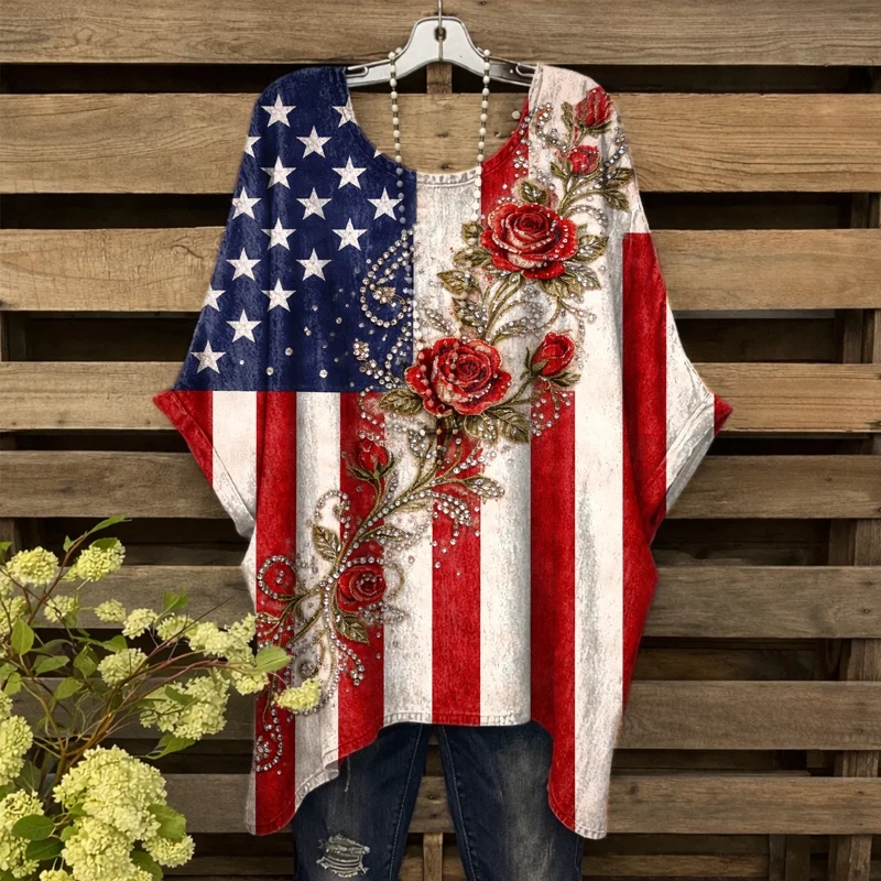 Women's Rose Floral Flag Art Print Casual T-shirt elevenforest