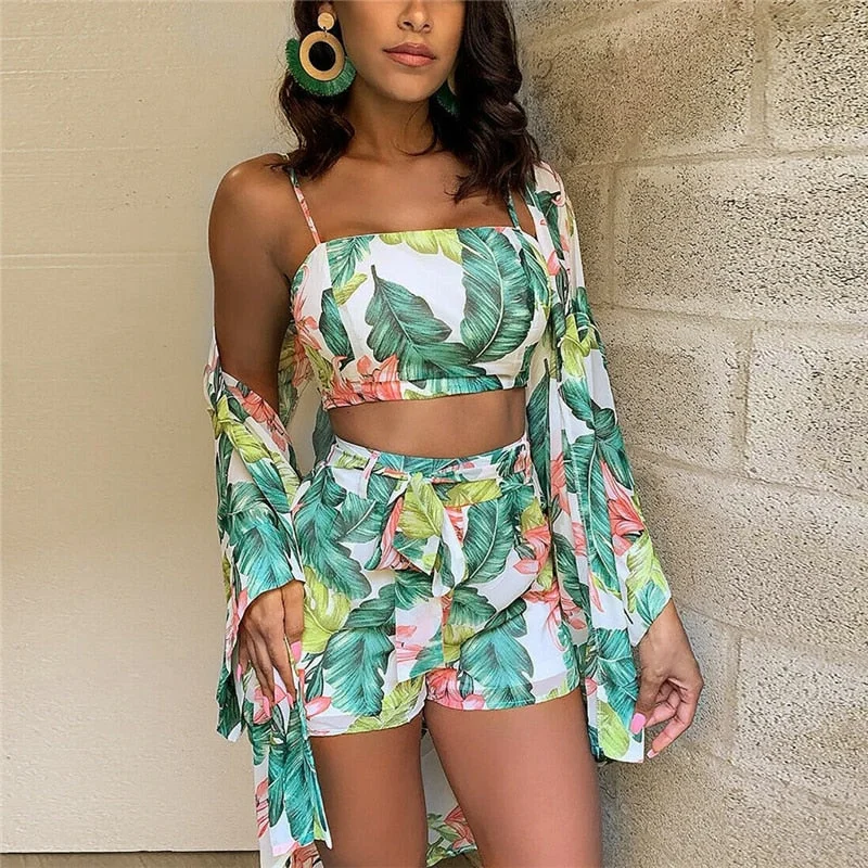 Summer New Women Boho 3Pcs Floral Print Cardigan Blouse+Crop Top+Shorts Lady Holiday Beach Three Pieces Set Casual Shorts Sets