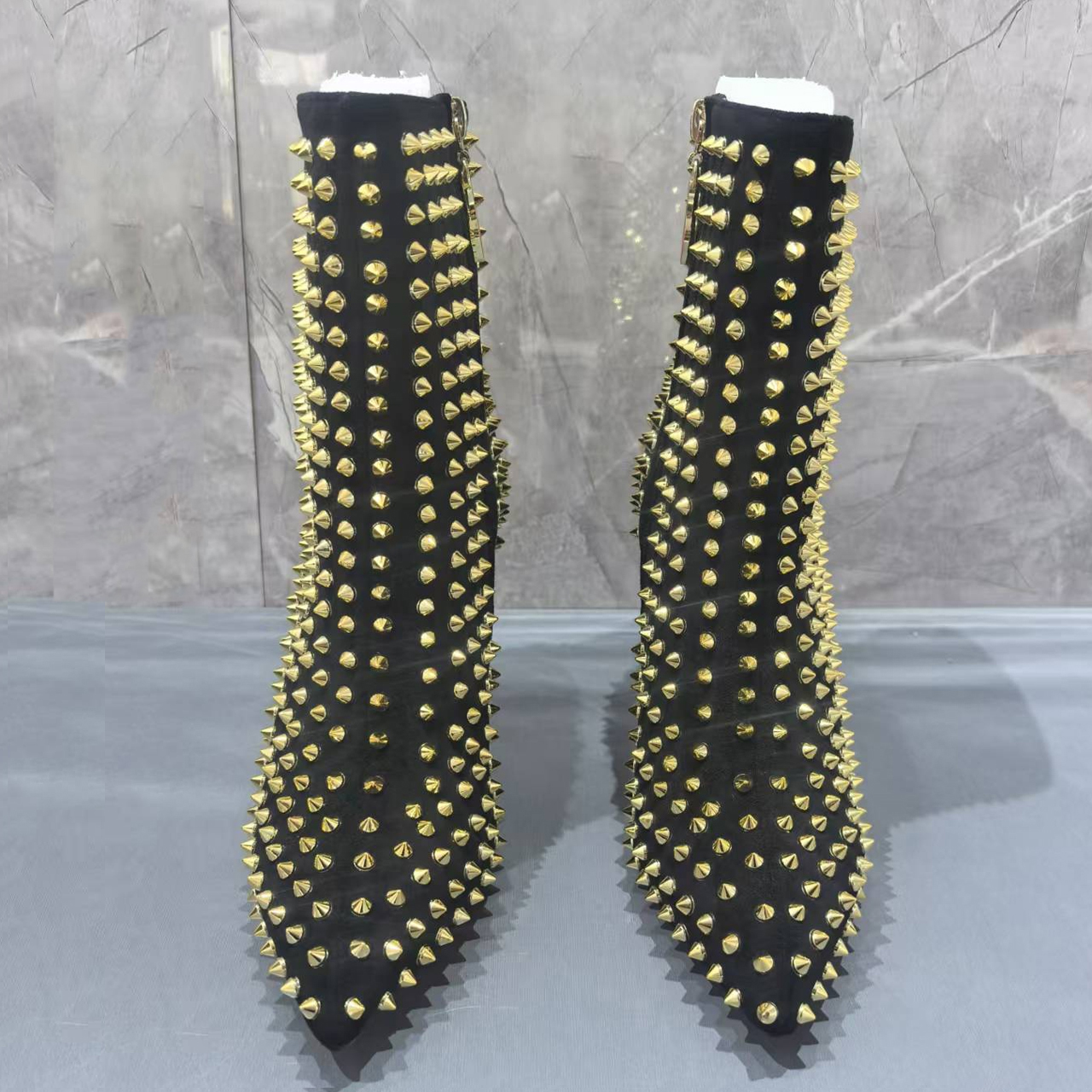 3.94" /4.72" Women's Ankle Boots Red Bottom Shoes Rivet  Closed Pointed Toe Stilettos Booties-MERUMOTE