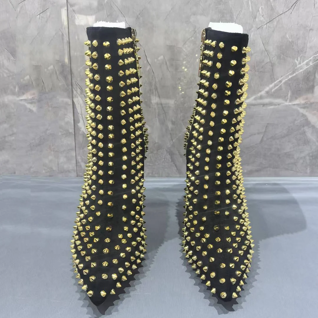 3.94" /4.72" Women's Ankle Boots Red Bottom Shoes Rivet  Closed Pointed Toe Stilettos Booties-MERUMOTE