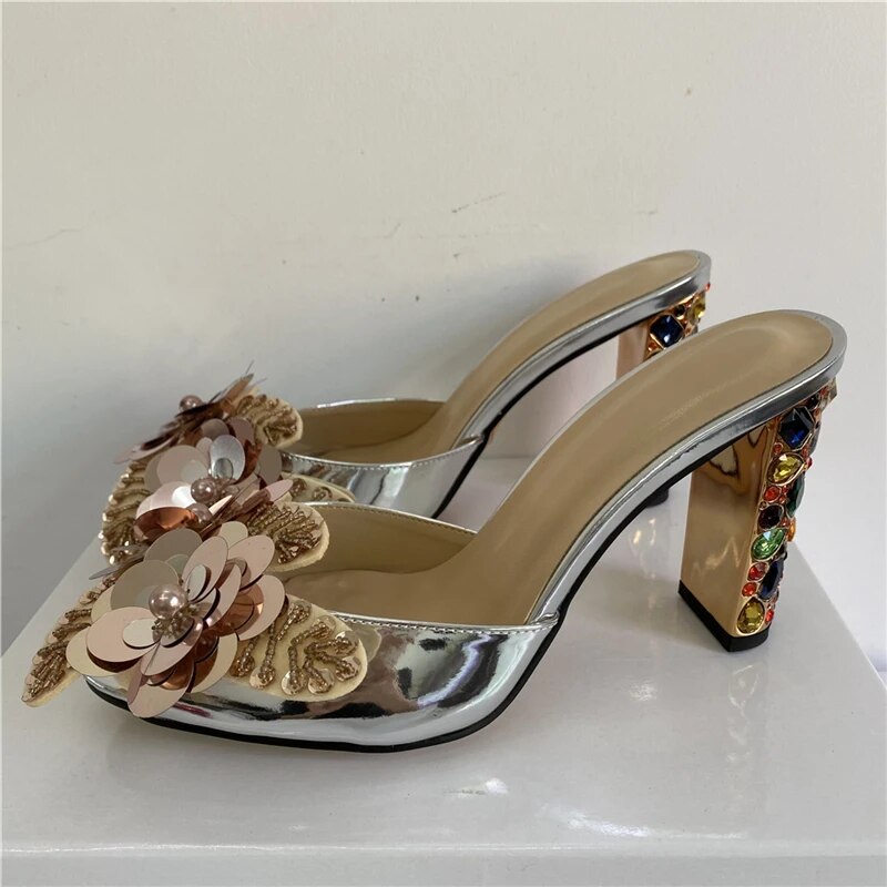VCSHOES Rhinestone Butterfly-knot Sandals Women Jeweled Diamond High Heel Peep Toe Patent Leather Slingbacks Mules