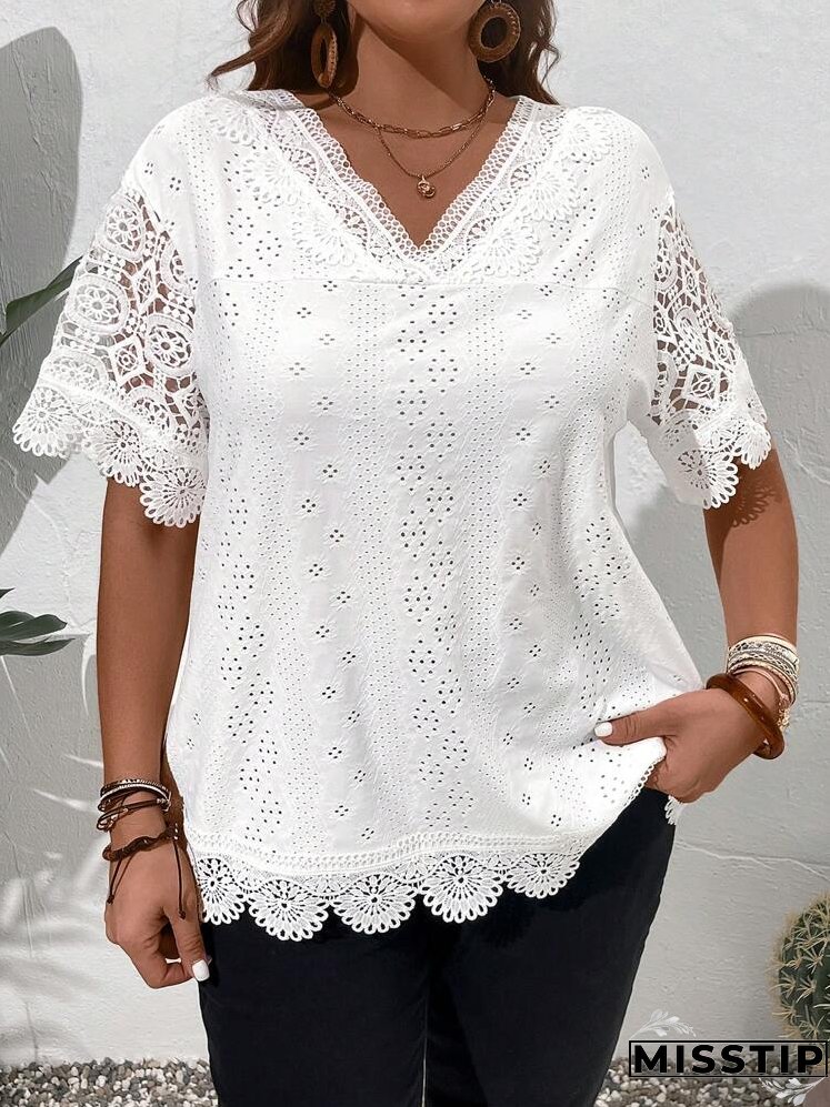 Plus Size Solid Color V-Neck Hollow Embroidery Elegant Short Sleeve Shirt, Summer