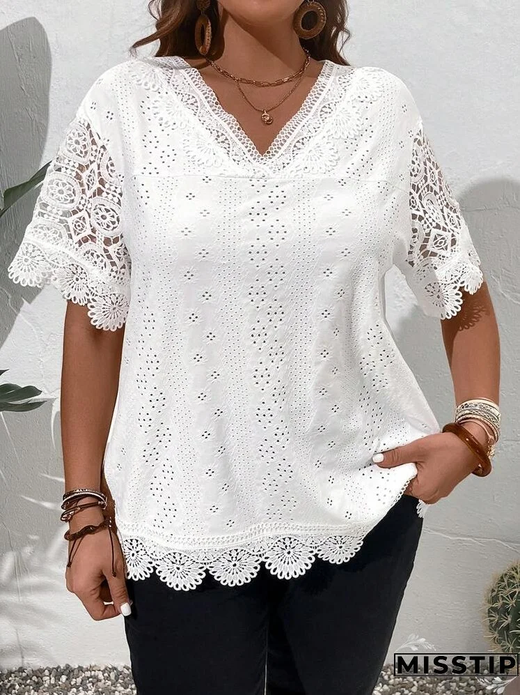 Plus Size Solid Color V-Neck Hollow Embroidery Elegant Short Sleeve Shirt, Summer