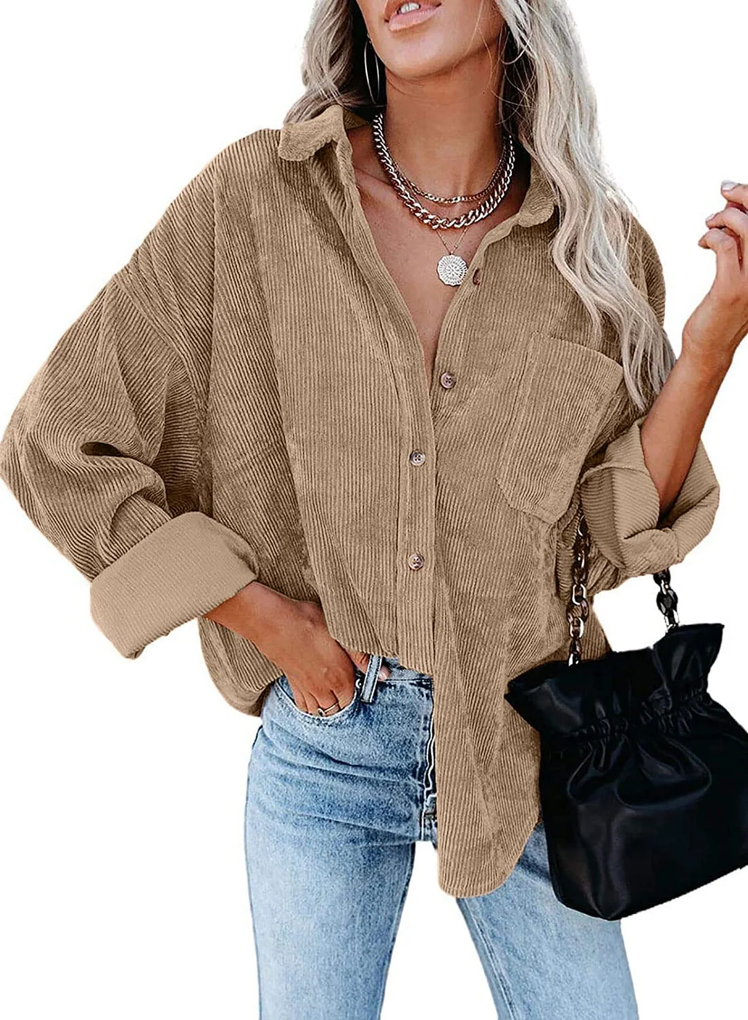 MIHOLL Women Corduroy Long Sleeve Button Down Collared Shirt Jacket Tops