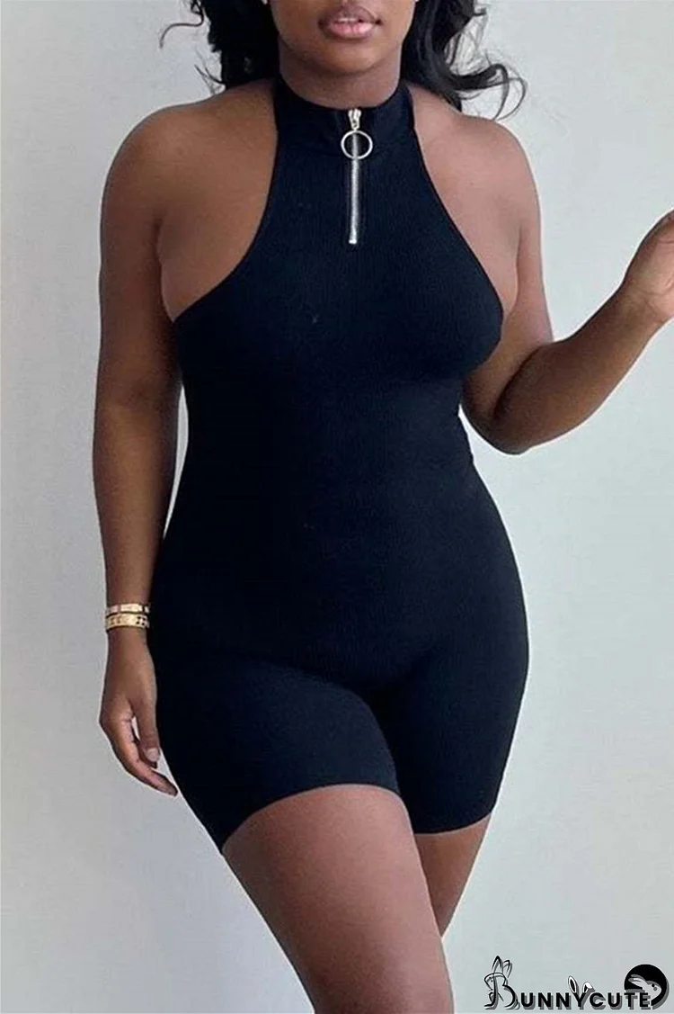 Black Sexy Casual Solid Backless Halter Sleeveless Skinny Romper