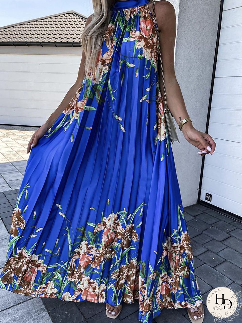 Female Trend Printed Pattern Boho Dress Fashion Sleeveless Hem Party Dress Sexy Halter Neck Off Shoulder Long Pleated Dress