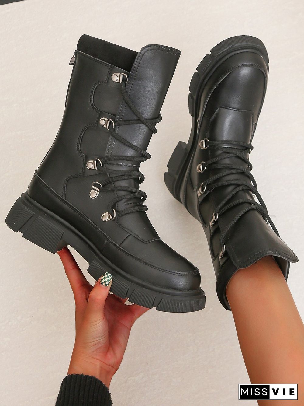 Vintage Contrast Lace-Up Tall Chunky Heel Outdoor Boots