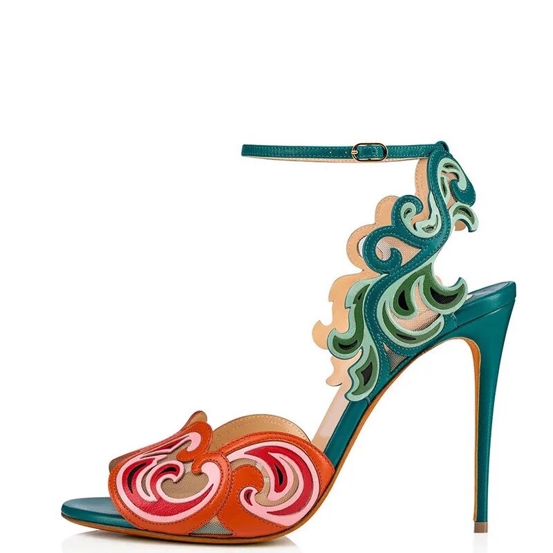 TAAFO Multicolor Patchwork Flower Woman Sandals High Thin Heels Peep Toe Ladies Shoes 