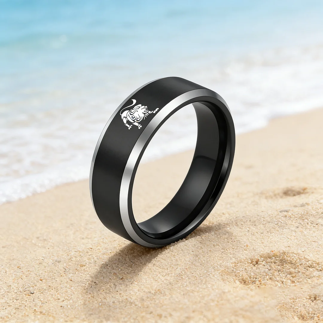 Black Leo Tungsten Carbide Rings Beveled Edges Black Laser Etched Couple Wedding Bands 4MM 6MM 8MM Width