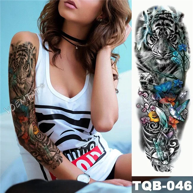 Large Arm Sleeve Tattoo Sketch Lion Tiger Waterproof Temporary Tatoo Sticker Wild Fierce Animal Men Full Bird Totem Tatto