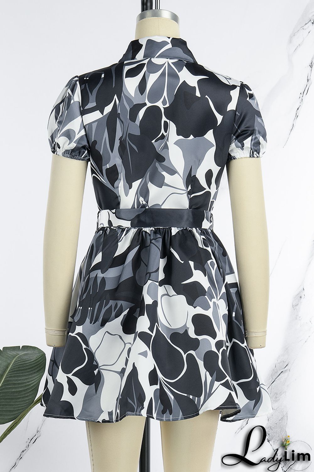 Blue Sweet Print Patchwork Buckle With Belt Turndown Collar A Line Dresses