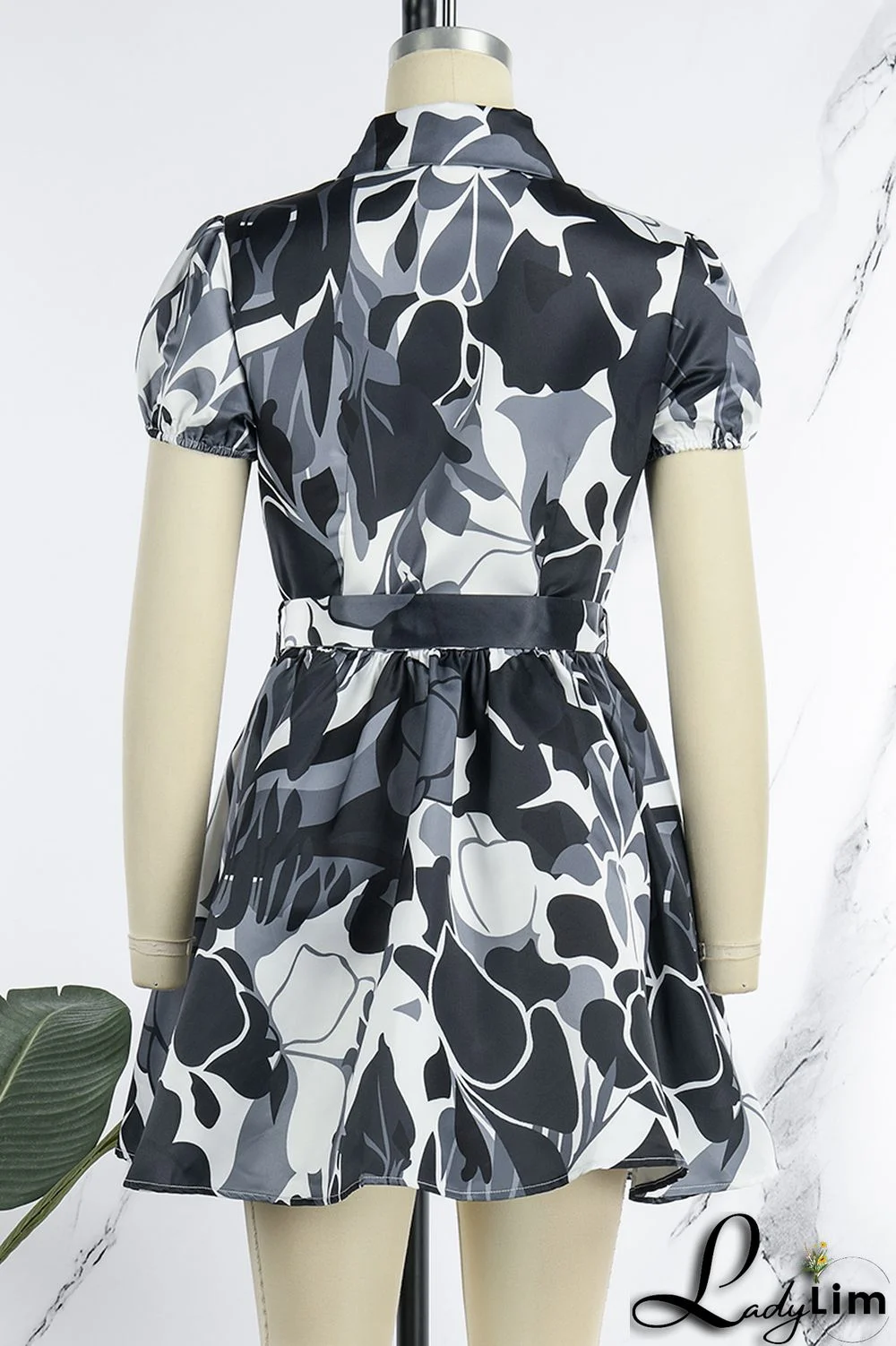 Blue Sweet Print Patchwork Buckle With Belt Turndown Collar A Line Dresses