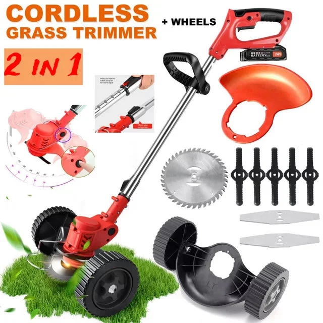 Electric Cordless Grass Trimmer, Weed Wacker Cordless, Battery Operated Weed Eaters, 24V 650W Grass Trimmer, Weed Lawn Edger Eater, Electric Grass Cuuting Machine with Wheels