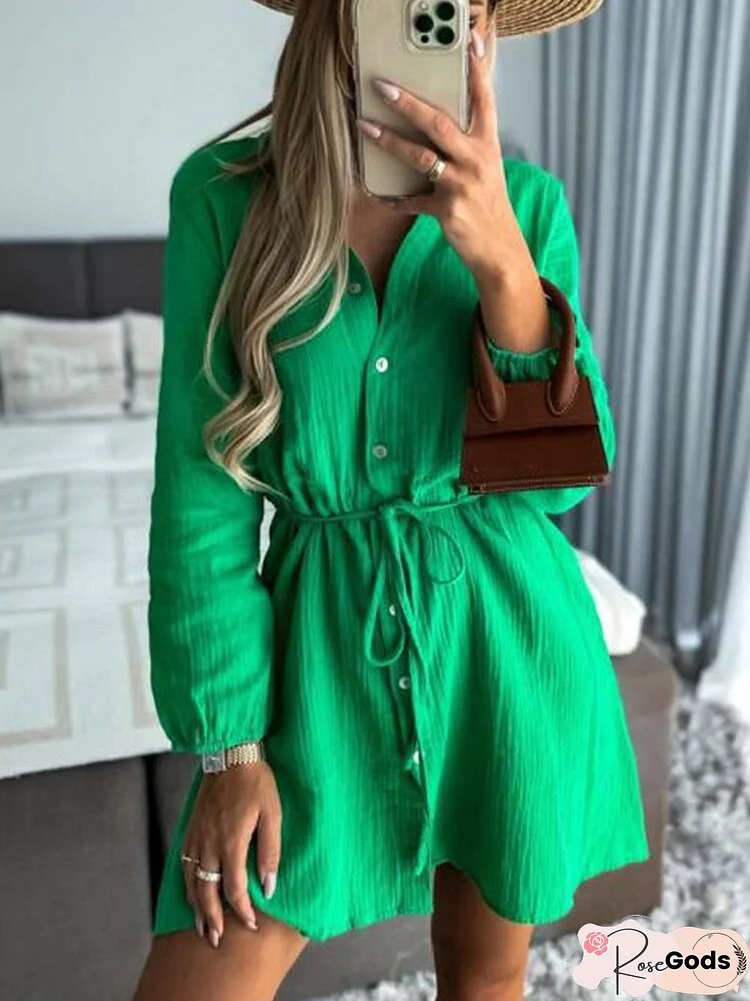 Spring Summer Casual Tie-Up Party Dresses Lady Fashion Single-Breasted Button Shirt Dress Women Elegant Solid Beach Mini Dress