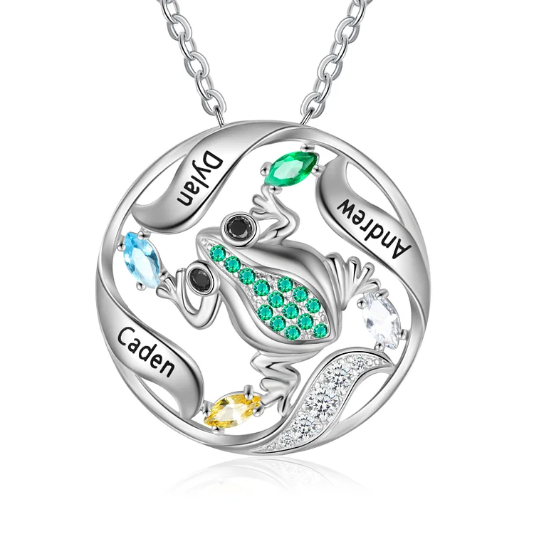 Personalized Frog Necklace with 3 Birthstones Engraved Names for Women