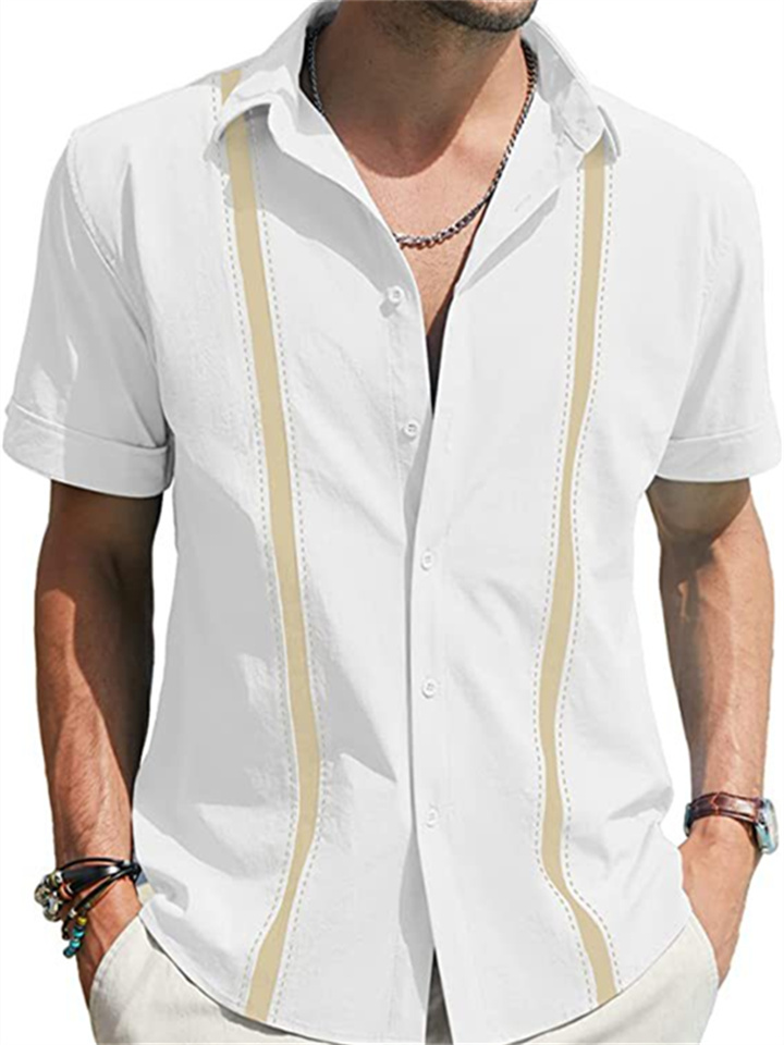 Summer Men's Lapel Collar Color Blocking Short-sleeved Linen Shirt Black White Khaki Blue