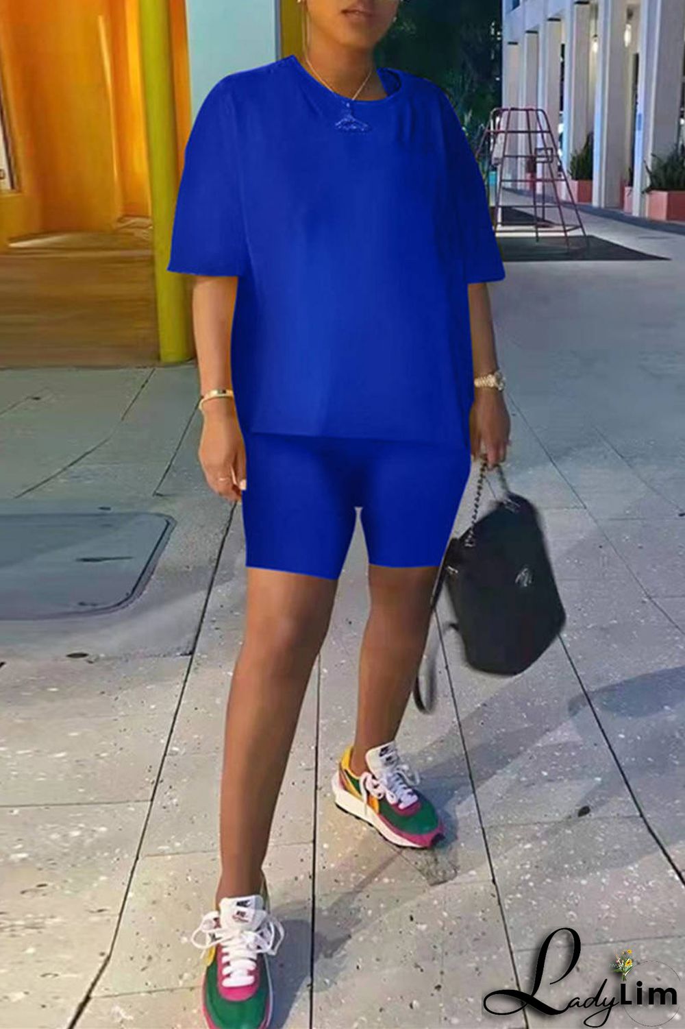 Blue Fashion Casual Solid Basic O Neck Short Sleeve Two Pieces
