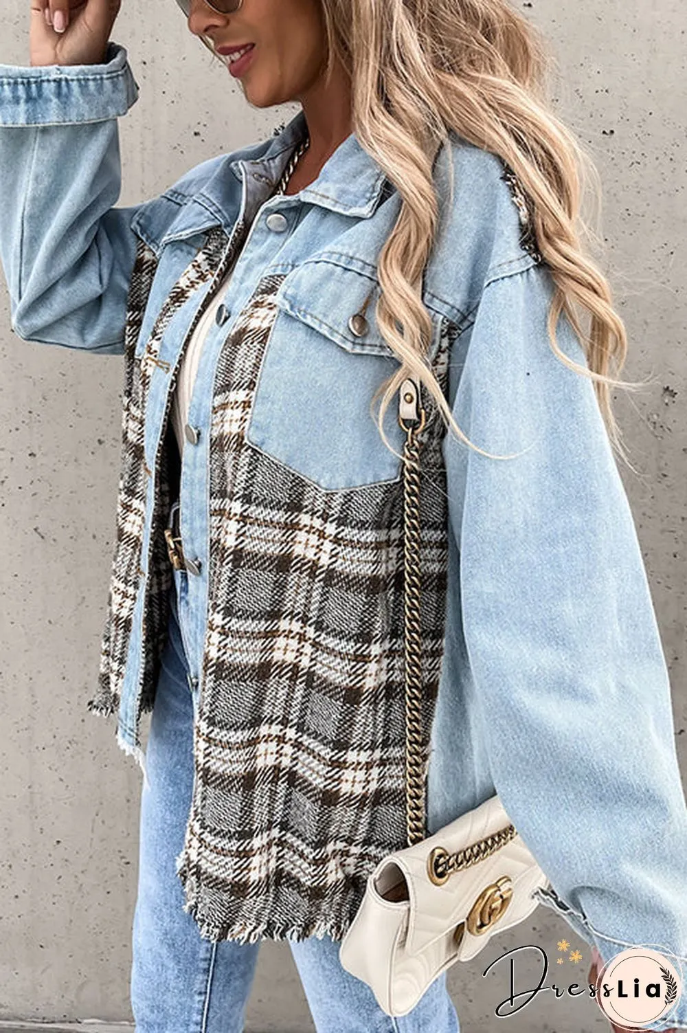 Checked Patchwork Pockets Denim Jacket