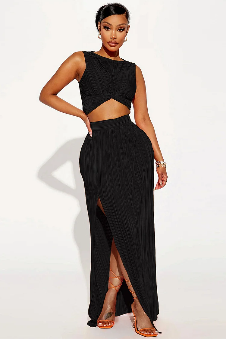 Pleated Twisted Tank Crop Top Bodycon Slit Side Vacation Maxi Skirt Matching Set