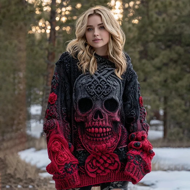 Women's Vintage Viking Tribal Celtic Skull Gradient Art Cozy Sweater