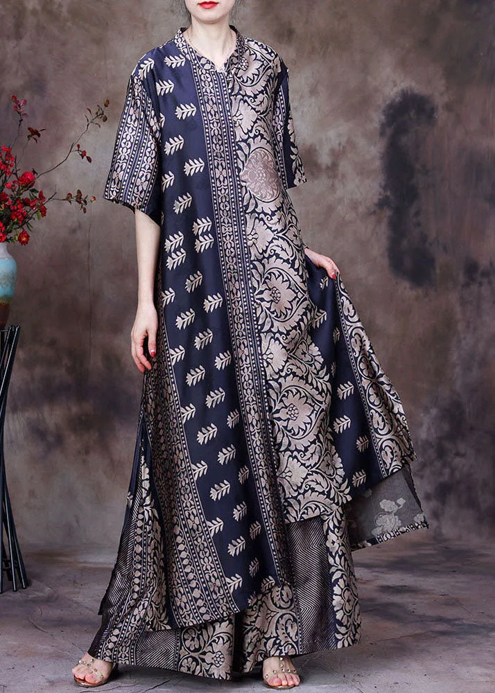 Cozy Black Asymmetrical Print Side Open Silk Long Top And Wide Leg Pant Two Piece Set Summer