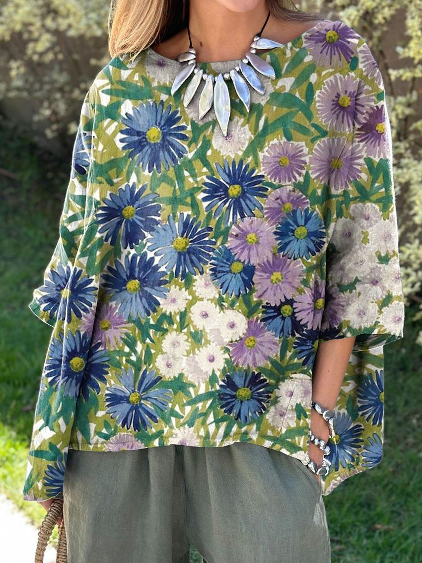 Women's Vintage Floral Art Print Casual Cotton And Linen Shirt