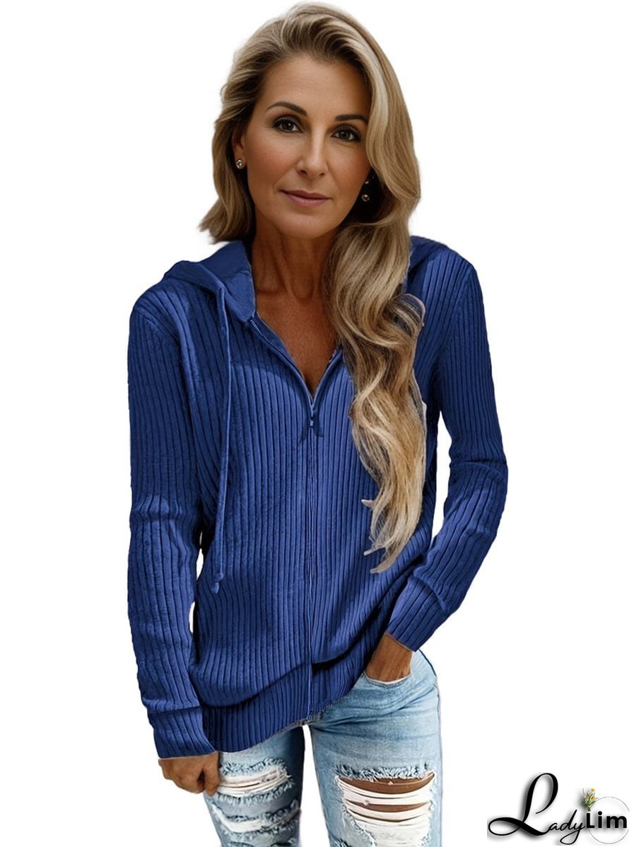 Plus Size Casual Coat, Women's Plus Solid Ribbed Zip Up Long Sleeve Drawstring Hoodie Sweater