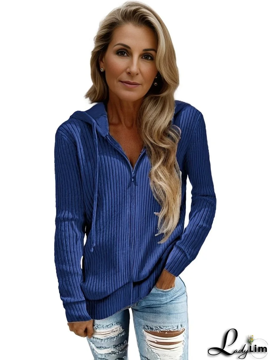Plus Size Casual Coat, Women's Plus Solid Ribbed Zip Up Long Sleeve Drawstring Hoodie Sweater