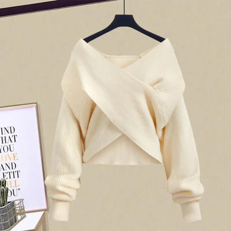Cross Knit Sweater Flouncing A-line Slip Dress Two Pieces
