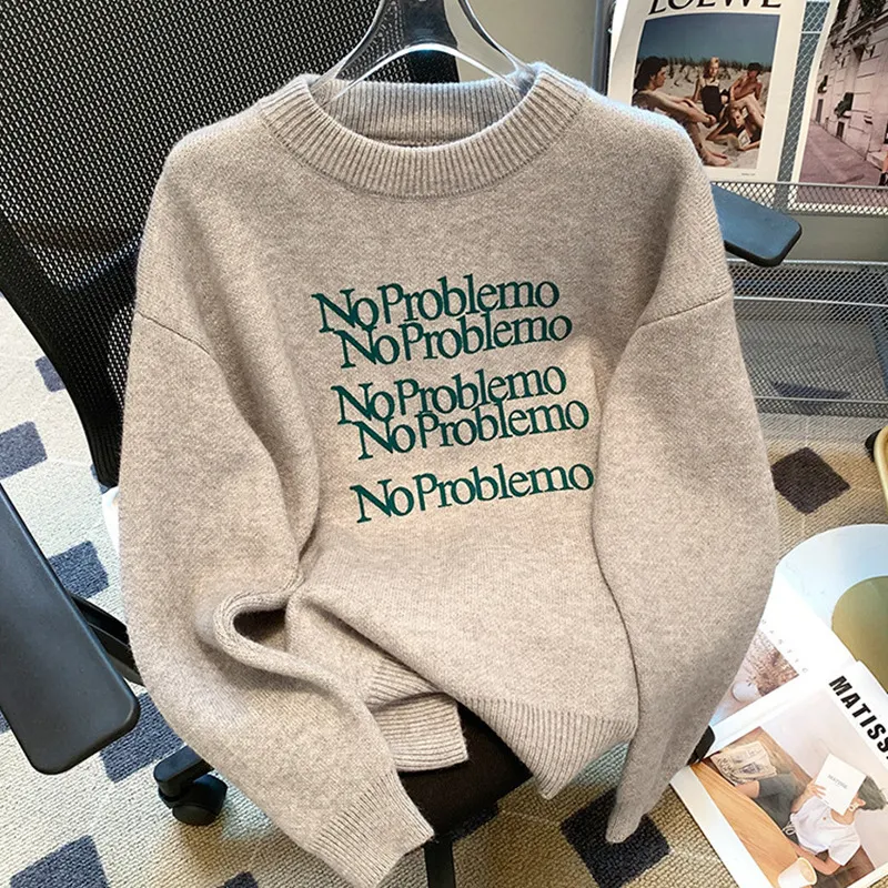 Churchf Churchf Style Letter Print Head Sweater Female Autumn Winter Show Thin Loose Lazy Casual Sense Sweater Top