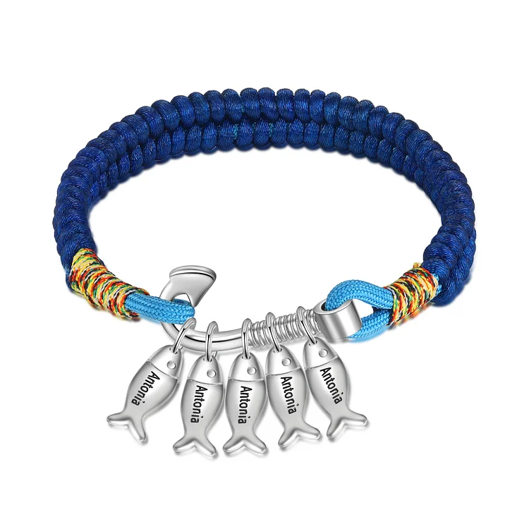 Braided Fishing Hook Bracelet with 5 Fish Charms Custom Names Men's Bracelet