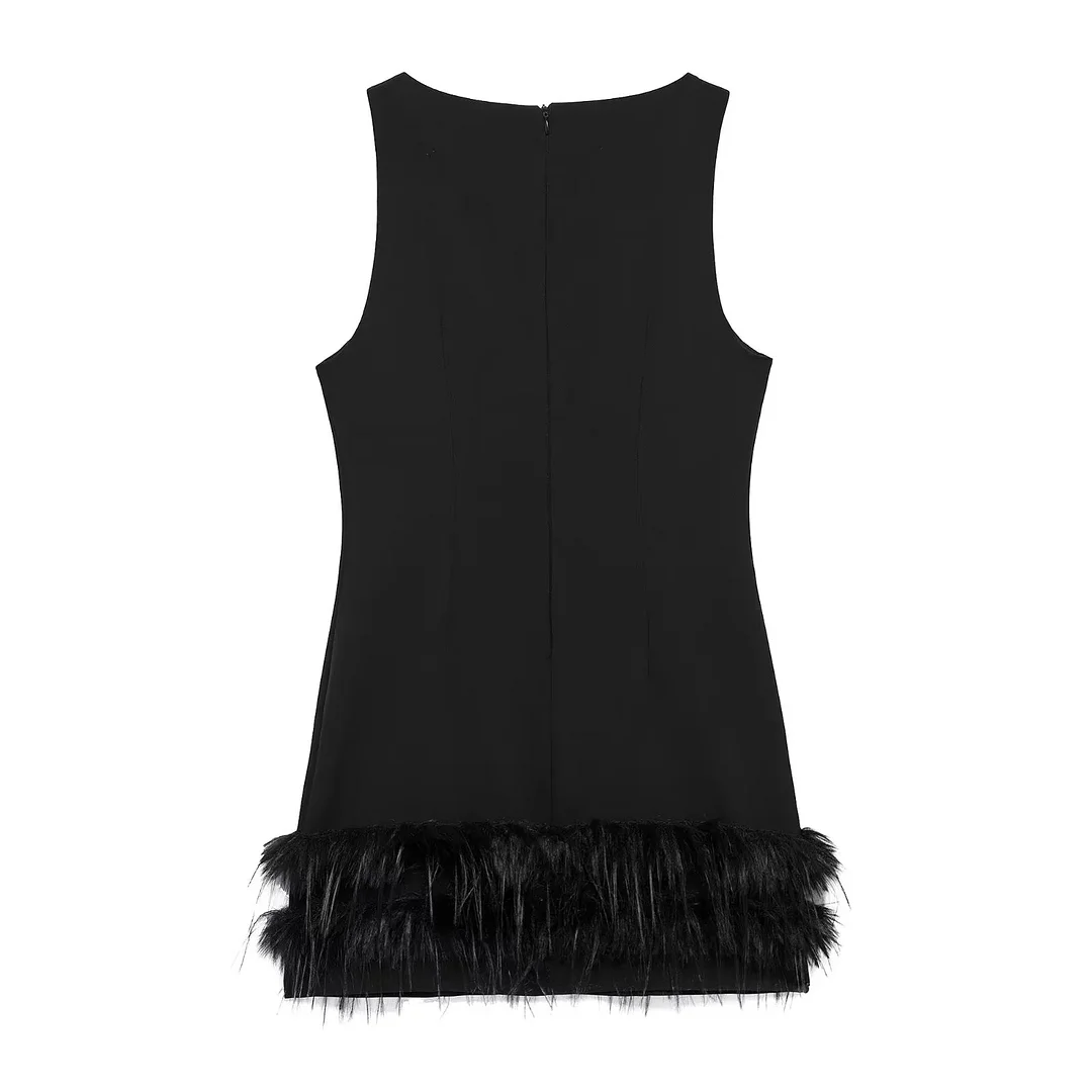 Nigikala Nigikala Women's Clothing Explosion Simple Fashion Small Black Dress Hem Feathers Elastic Short Dress