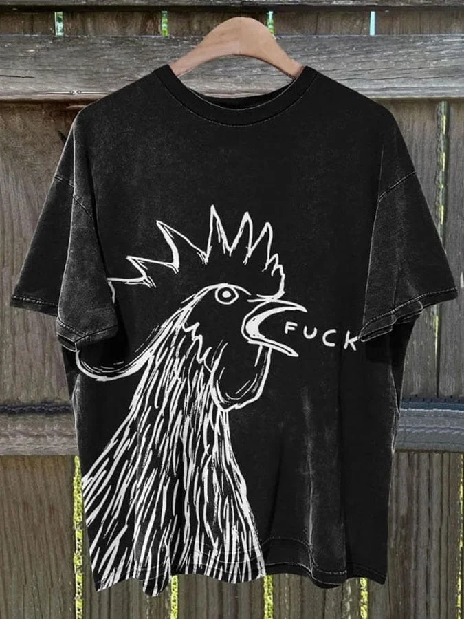 Bad Chicken Print Round Neck T-shirt