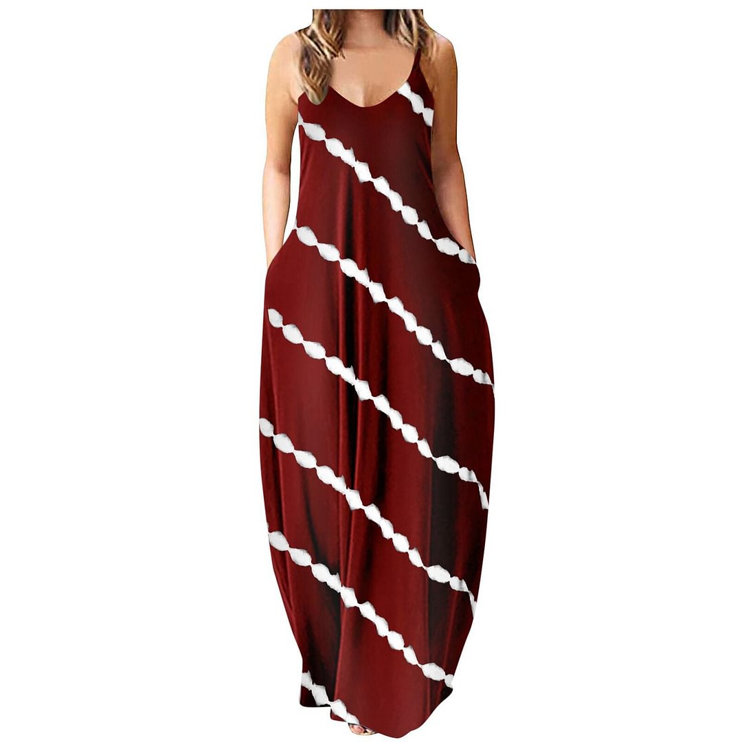 Women's Printed Striped Sexy Sleeveless Suspender Collar Maxi Dress With Pockets